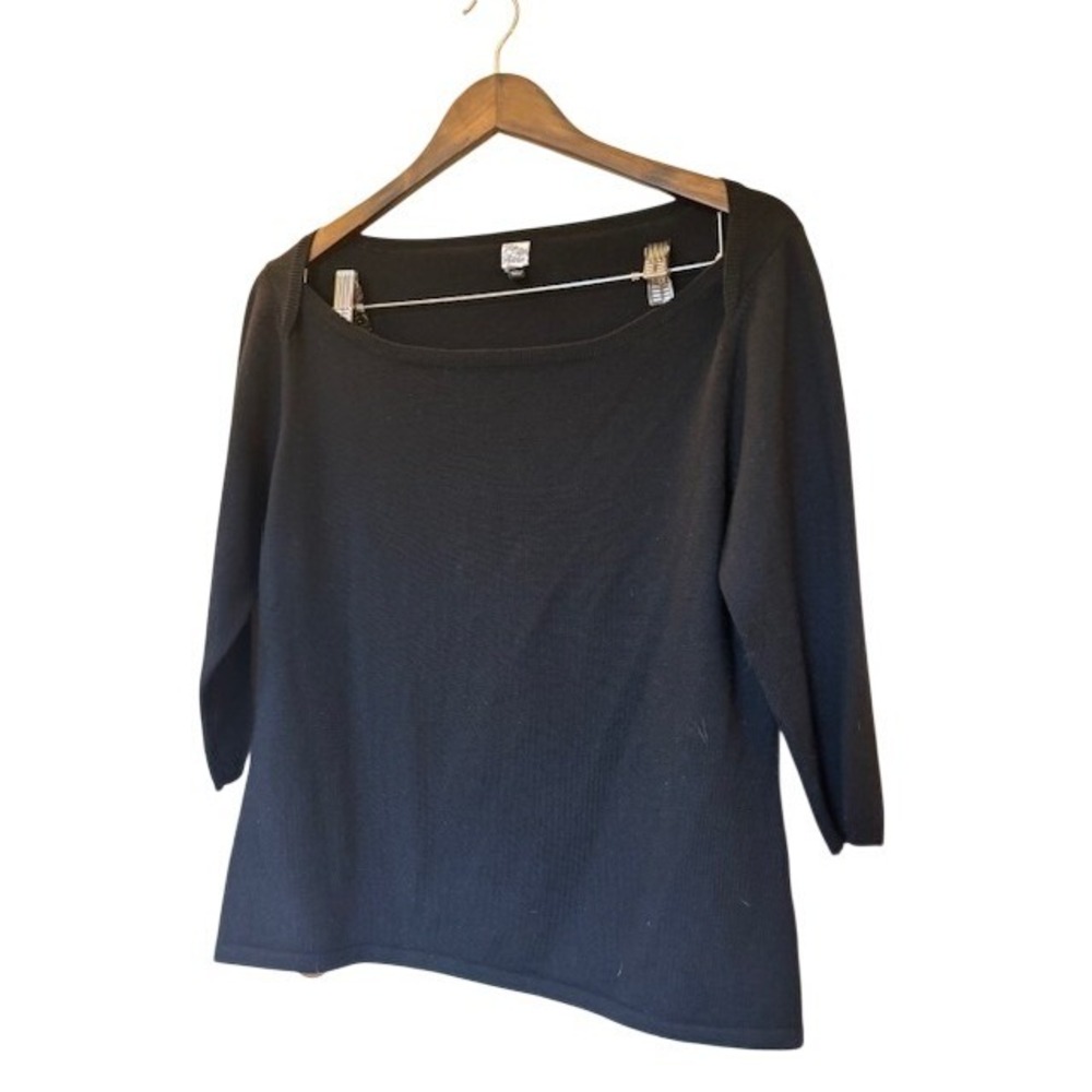 Saks Fifth Avenue Black Merino Wool Blend Square Neck 3/4 Sleeve Sweater Large